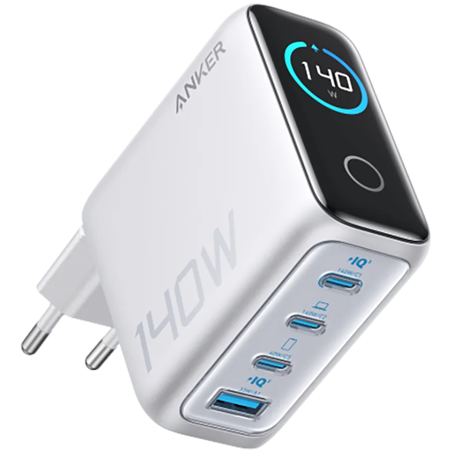 Anker Charger (140W, 4-Port, PD 3.1) with USB-C Cable Silver