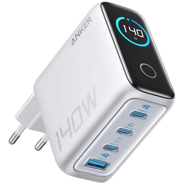 Anker Charger (140W, 4-Port, PD 3.1) with USB-C Cable Silver