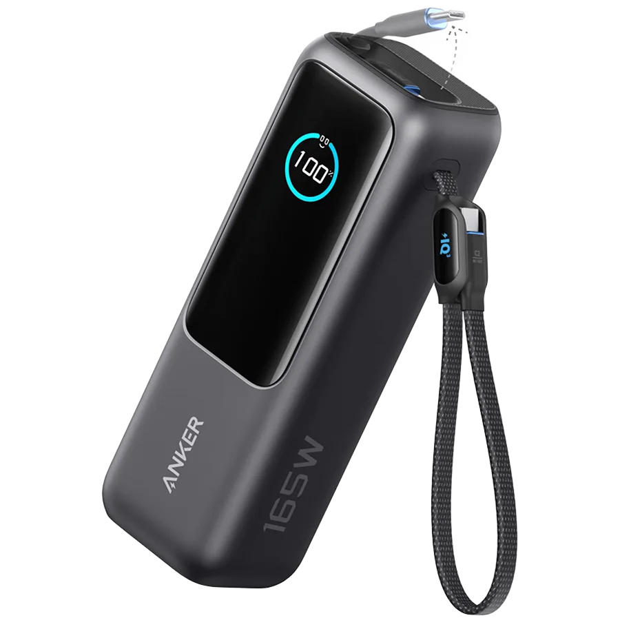 Anker Power Bank (25K, 165W, Built-In USB-C and Retractable Cable) Silver