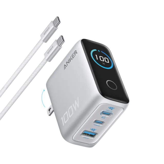 Anker Charger (100W, 3 Ports, Smart Display) Silver