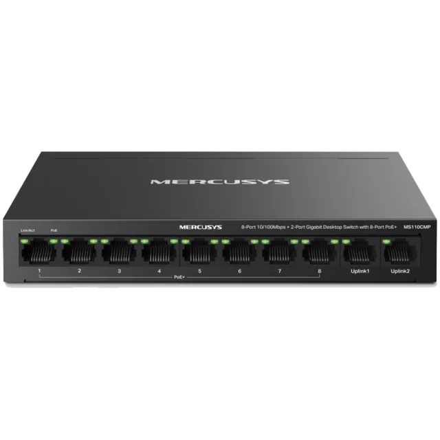 Mercusys MS110CMP 10-Port 10/100Mbps Desktop Switch with 8-Port PoE+, 8 x 10/100 Mbps PoE+ Ports, 2 x Gigabit non-PoE Ports, 115 W PoE Power, Increases PoE transmission distance to 250m by Extend Mode