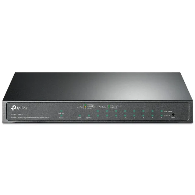 TP-Link TL-SG1210MPE 10-Port Gigabit Easy Smart Switch with 8-Port PoE+, 8× Gigabit PoE+ Ports, 2x Gigabit Non-PoE Ports, 1× Combo Gigabit SFP Slot, 123 W PoE Power,Desktop Steel Case,MTU/Port/Tag-bas