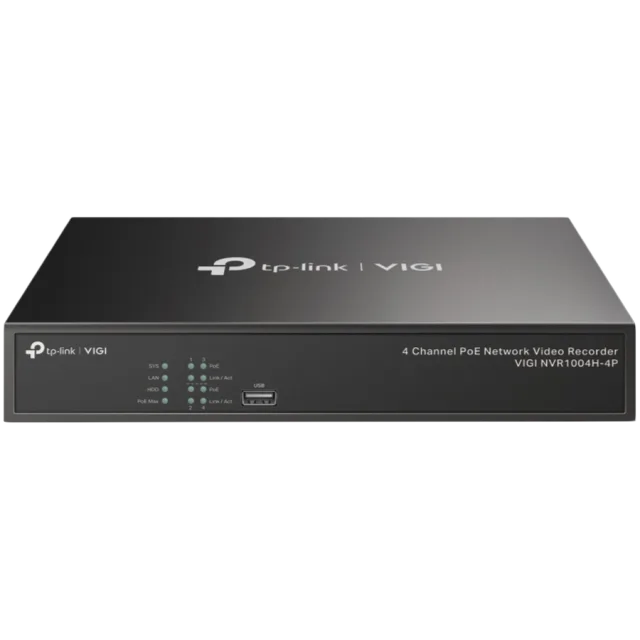 TP-Link VIGI NVR1004H 4 Channel Network Video Recorder,  H.265+/H.265/H.264+/H.264, Up to 8MP resolution, 80 Mbps Incoming Bandwidth(up to 4 channels), 1× SATA Interface(up to 10 TB), VGA, 2xUSB, 1xHD