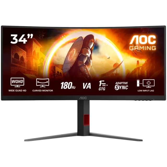 AOC Monitor Gaming CU34G4 Curved 34" Fast VA, 3440x1440, 180Hz, 0.5ms MPRT (1ms GtG), 300 cd/m2, 2500:1, 1500R, Adaptive Sync, FreeSync Premium, HDR10, 2x HDMI, 1x DP, Full Ergo