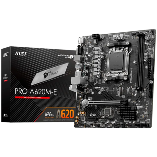 MSI PRO A620M-E, mATX, Socket AM5, Dual Channel DDR5 6800+MHz, 1x PCIe x16 slot, 1x M.2 slot, 1x HDMI, 1x VGA, 2x USB 3.2 Gen 1, 4x USB 2.0, 7.1 HD Audio, Realtek RTL8111H Gigabit LAN, 3Y