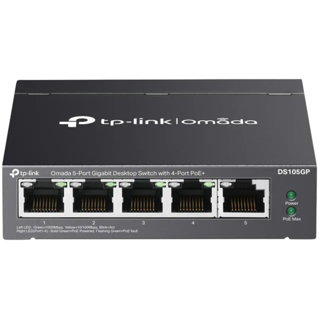 Omada 5-Port Gigabit Desktop Switch with  4-Port PoE+  PORT: 4× Gigabit PoE+ Ports, 1× Gigabit Non-PoE Port SPEC: 802.3af/at, 65 W PoE Power, Desktop Steel Case FEATURE: Plug and Play