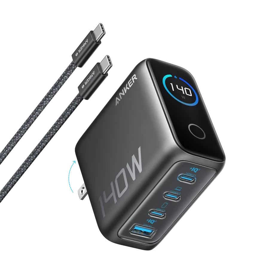 Anker Charger (140W, 4-Port, PD 3.1) with USB-C Cable Gray