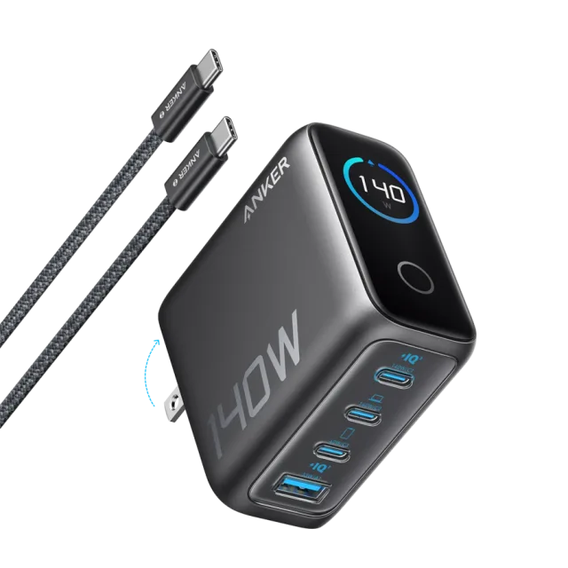 Anker Charger (140W, 4-Port, PD 3.1) with USB-C Cable Gray