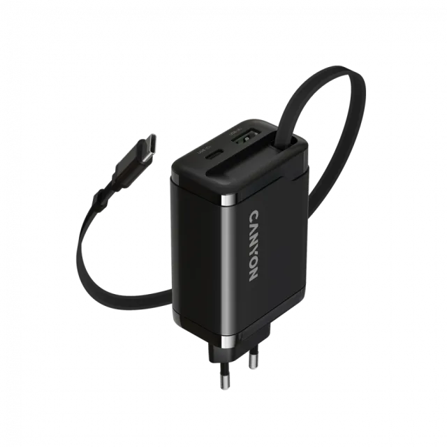 CANYON charger OnCharge 65RC Build-In Cable USB-C 65W 1xPD 1xQC EU Black