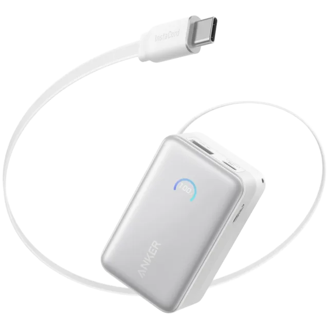 Anker Nano Power Bank (10K, 45W, Built-In Retractable USB-C Cable) White, Smart Display, 70 cm Retractable USB-C Cable, 1x USB-A, 1x USB-C