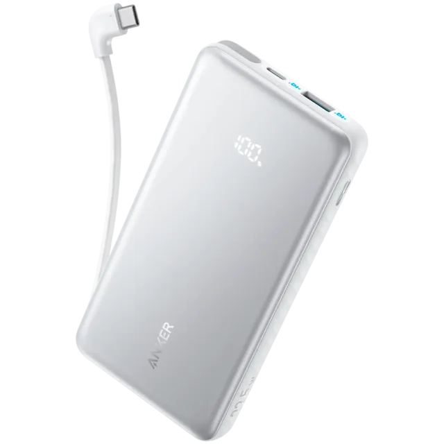Anker Zolo Power Bank (10K, 22.5W, Built-In USB-C Cable) White, 1x USB-Cable, 1x USB-C Port, 1x USB-A Port