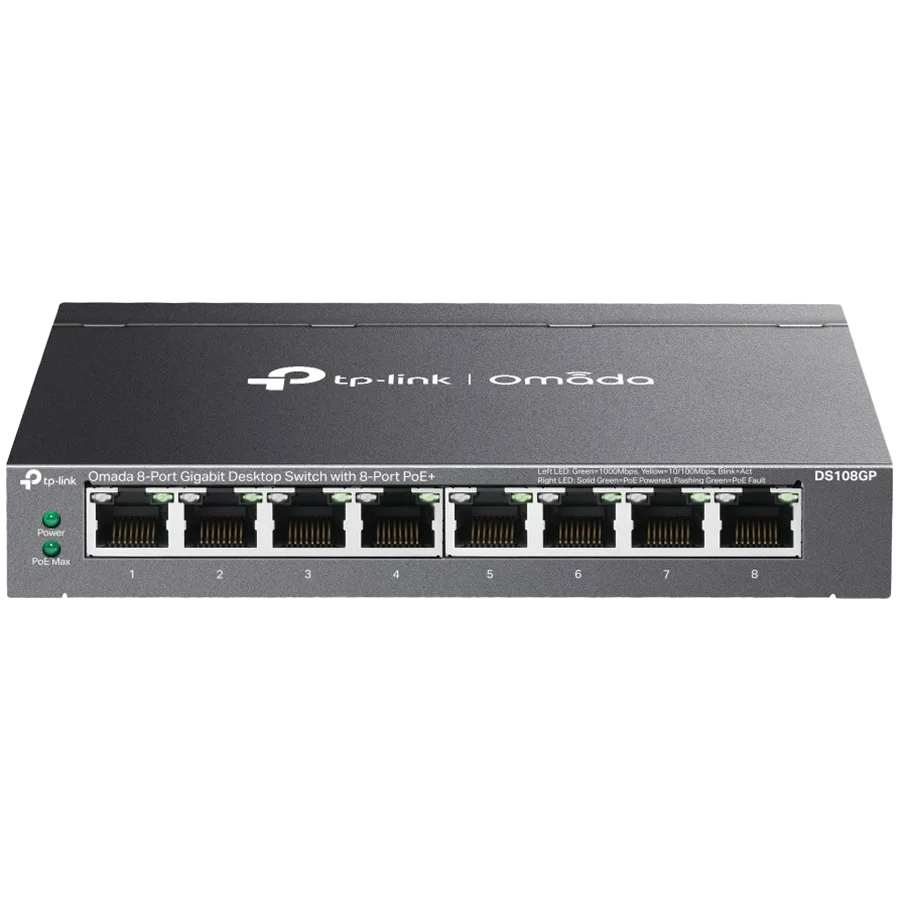 Omada 8-Port Gigabit Desktop Switch with  8-Port PoE+  8× Gigabit PoE+ Ports 802.3af/at, 64 W PoE Power, Desktop Steel Case Plug and Play