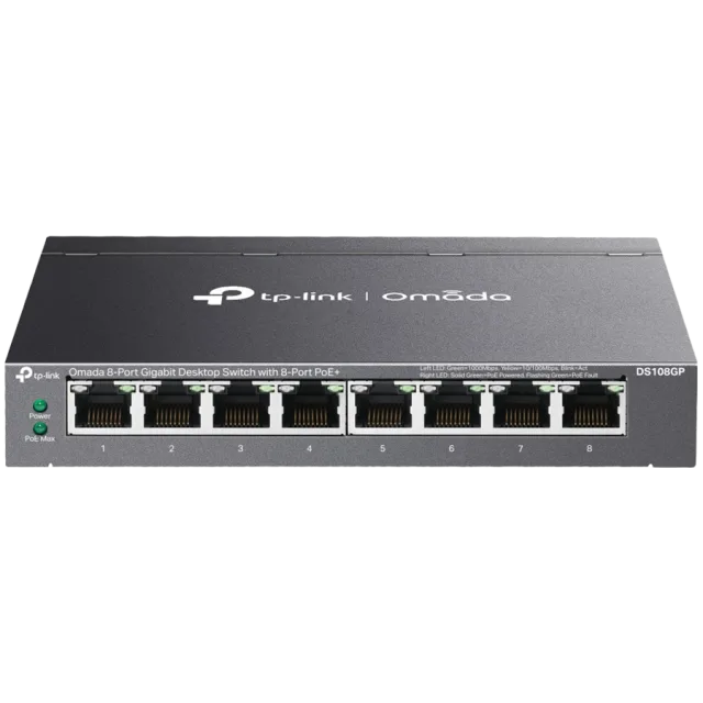 Omada 8-Port Gigabit Desktop Switch with  8-Port PoE+  8× Gigabit PoE+ Ports 802.3af/at, 64 W PoE Power, Desktop Steel Case Plug and Play