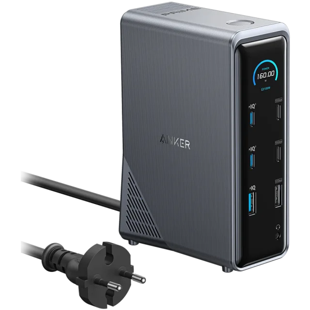 Anker Prime Charging Docking Station (14-in-1, Dual Display, 160W, 1Gbps Ethernet, 1x USB-A 10Gbps, 3x USB-A 480Mbs,1x USB-A 12W, 2x USB-C 10Gpbs, 2x USB-C 100W Charging, 1x USB-C Upstream Port, 2x HD