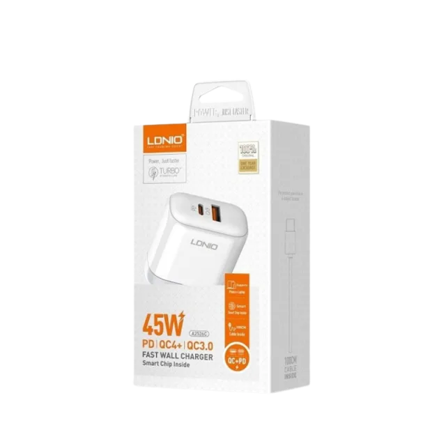 Kucni punjac LDNIO A2526C 45W PD + (QC4+ | QC3.0) (USB-A + USB-C) kabal type-C - lightning