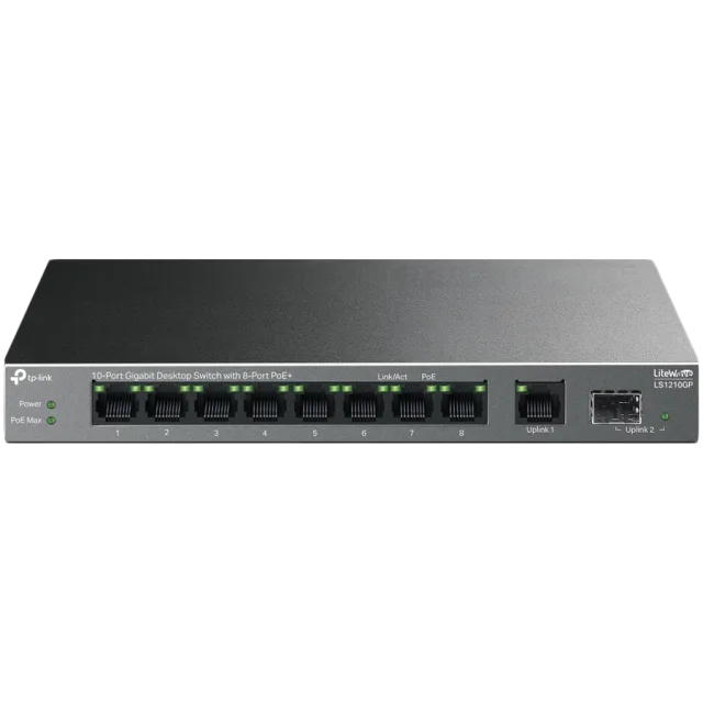 TP-Link LS1210GP 10-Port Gigabit Desktop Switch with 8-Port PoE+, 8× Gigabit PoE+ Ports, 1x Gigabit Non-PoE Port, 1× Gigabit SFP Slot, 61 W PoE Power, Desktop Steel Case, Extend Mode for 250m PoE Tran