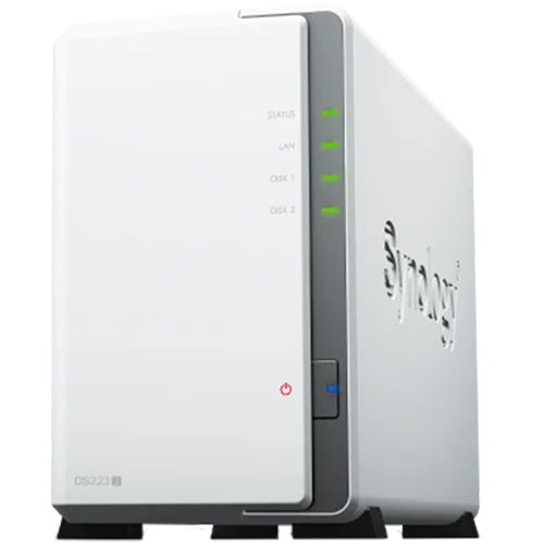 Synology DS223j, Tower, 2-bays 3.5'' SATA HDD/SSD, CPU 4-core 1.7 GHz; 1 GB DDR4 non-ECC; 1 x RJ-45 1GbE LAN Port; 2 x USB 3.2 Gen1; ; 0.88 kg; 2yr warranty
