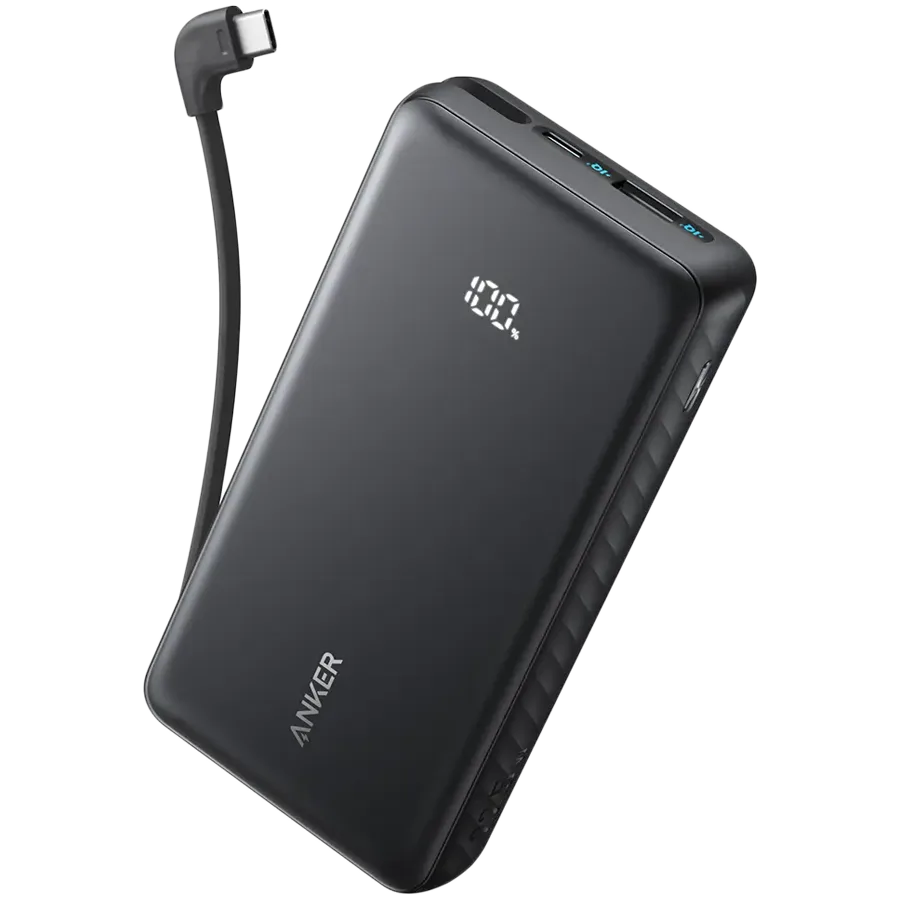 Anker Zolo Power Bank (20K, 22.5W, Built-In USB-C Cable) Black 1x USB-A, 2x USB-C