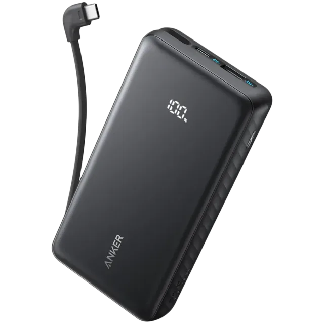 Anker Zolo Power Bank (20K, 22.5W, Built-In USB-C Cable) Black 1x USB-A, 2x USB-C