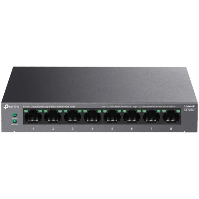 TP-Link LS108GP 8-Port Gigabit Desktop Switch with 8-Port PoE+, 8x Gigabit PoE+ Ports, 62 W PoE Power, Desktop Steel Case, Extend Mode for 250m PoE Transmitting, PoE Auto Recovery, Plug and Play