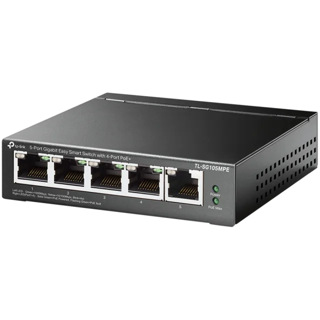 5-Port Gigabit Easy Smart Switch with 4-Port PoE+ 4× Gigabit PoE+ Ports, 1× Gigabit Non-PoE Ports 802.3af/at, 120 W PoE Power, Desktop Steel Case PoE Auto Recovery, MTU/Port/Tag-based VLAN, QoS, IGMP