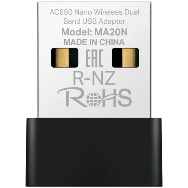 Mercusys MA20N AC650 Nano Wi-Fi USB Adapter, 200 Mbps at 2.4 GHz + 433 Mbps at 5 GHz, 1× Internal Antenna, USB 2.0, Nano Size, WPA3, Plug and Play