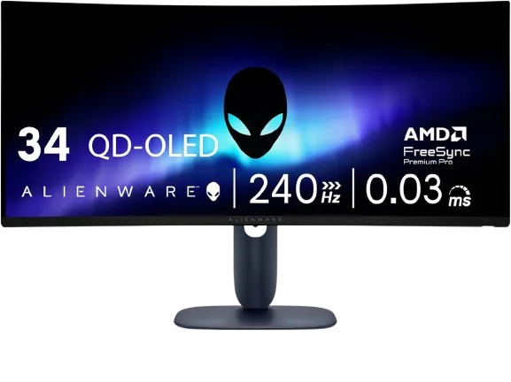 Monitor Alienware 34 Gaming AW3425DW Curved, 3440x1440, WQHD, 240Hz, QD-OLED Anti-Glare, 21:9, 1500000:1, 250/1000 cd/m2,AMD FreeSync+ VESA, 0.03ms, 178/178, DP, 2x HDMI, USB-A, USB-B, USB-C, Tilt, Sw