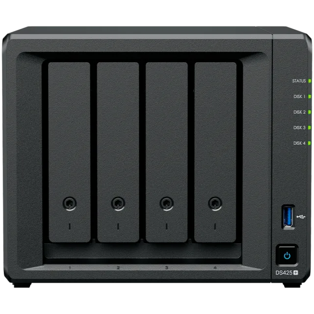 Synology DiskStation DS425+ Tower, 4-Bays 3.5'' SATA HDD/SSD, 2 x M.2 2280 NVMe SSD slot, CPU Intel Celeron J4125  4-core 2.0 GHz, 2 GB DDR4 non-ECC SODIMM, 1x RJ-45 2.5 GbE LAN, 1x RJ-45 1GbE LAN Por