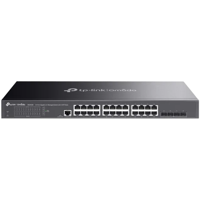 TP-Link SG3428 Omada 24-Port Gigabit L2+ Managed Switch with 4 SFP Slots, 24× Gigabit RJ45 ports and 4× Gigabit SFP slots, Omada APP, Static Routing, VLAN, ACL, QoS, IGMP Snooping, OAM, DDM, ERPS, Fan