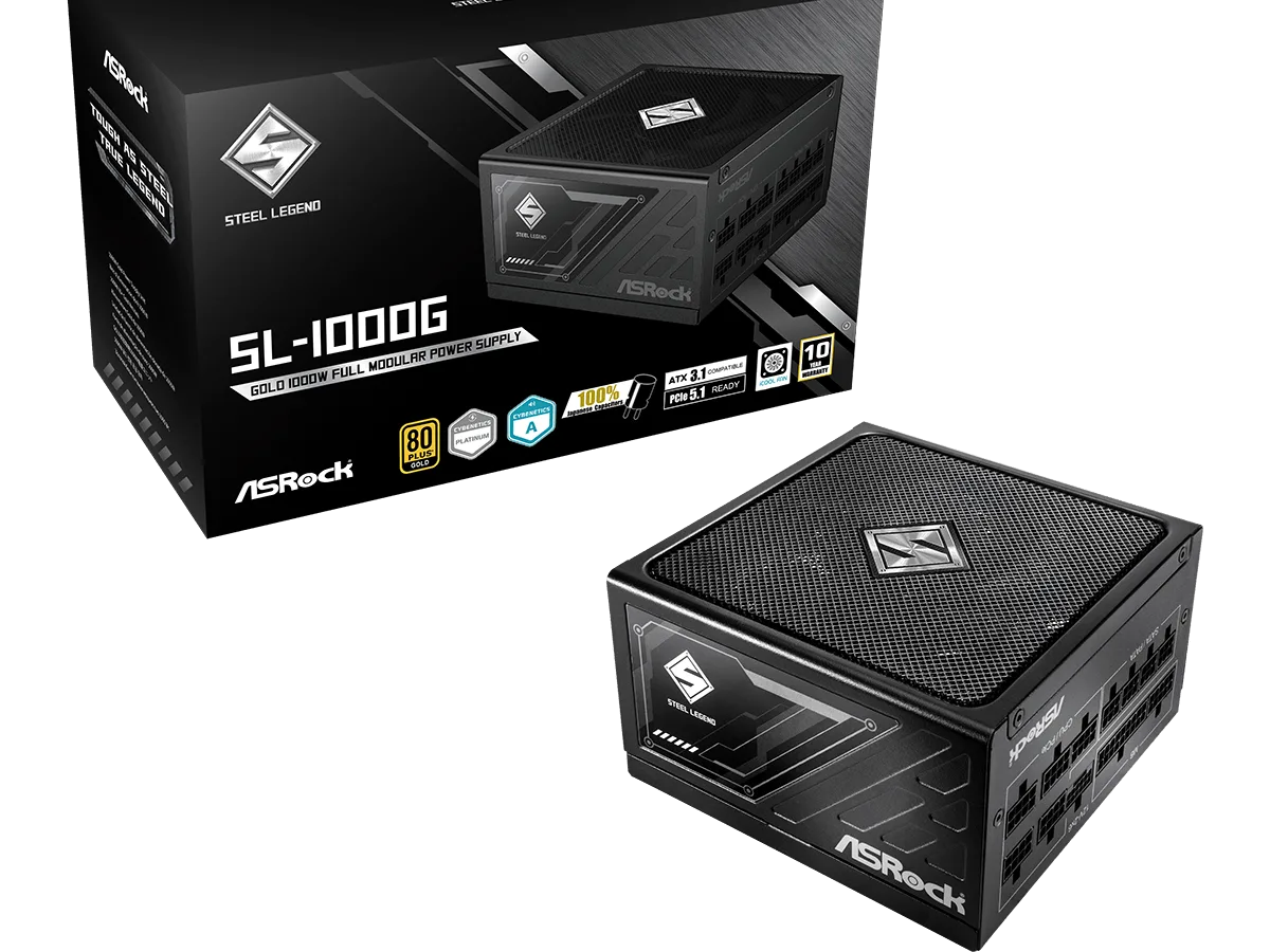 ASROCK PSU 1000W Gold Steel LFully Modular,80PLUS,135mm fanATX 3.1. PCIe 5.1, Japanese Capacitors