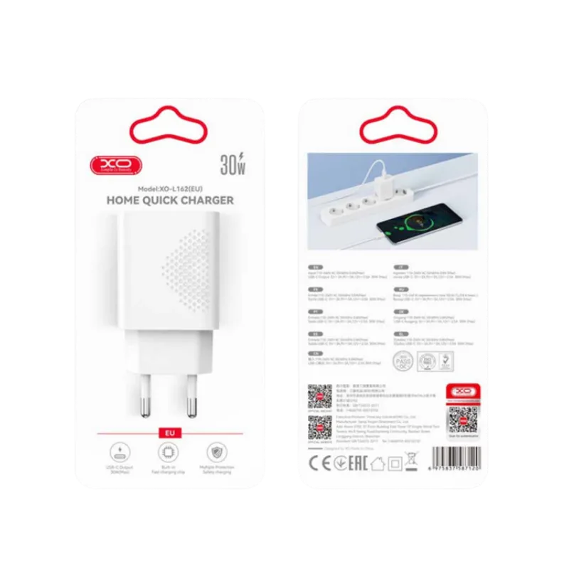 Kucni punjac XO L162 USB-C 30W fast White - glava