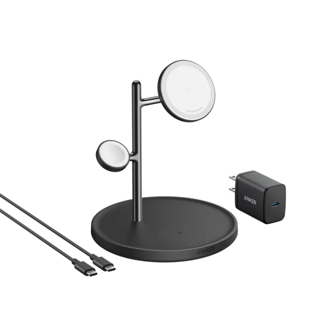 Anker MagGo Wireless Charging Station (15W, 3-in-1 Stand) with cable and charger bundle