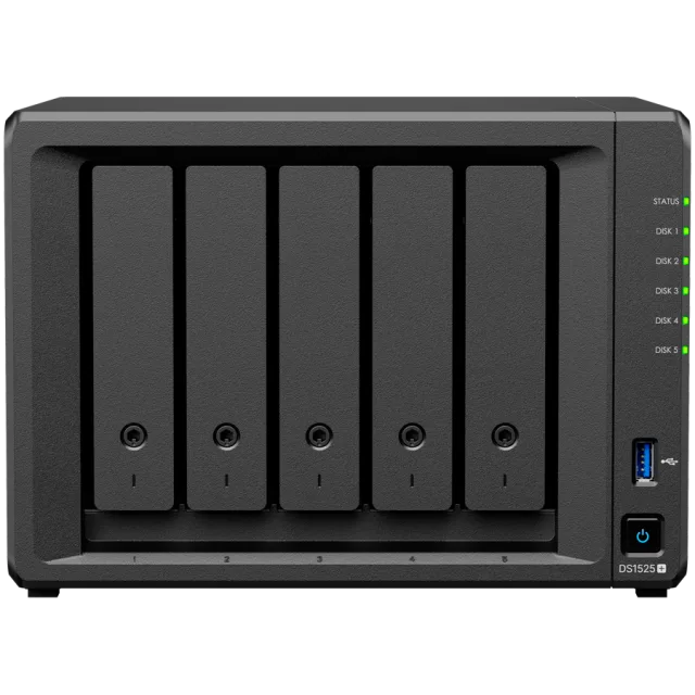 Synology DiskStation DS1525+ Tower, 5-Bays 3.5'' SATA HDD/SSD, 2 x M.2 2280 NVMe SSD slot, CPU AMD Ryzen V1500B 4-core 2.2 GHz, 8 GB DDR4 ECC SODIMM, 2x RJ-45 2.5 GbE LAN Port; 2x USB 3.2; 1 xUSB Type
