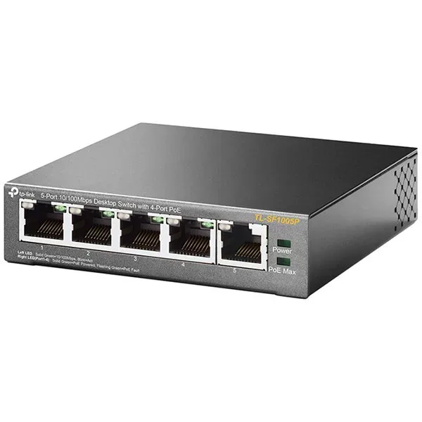TP-Link TL-SF1005P 5-Port 10/100Mbps Desktop Switch with 4-Port PoE+, 5 x 10/100Mbps RJ45 ports including 4 PoE+ ports, 67W PoE Power supply, steel case, Plug and Play, with PoE Transmission for Surve