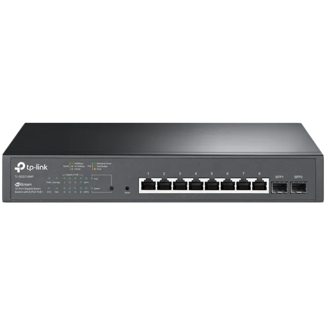 TP-Link SG2210MP Omada 10-Port Gigabit Smart Switch with 8-Port PoE+, 8× G PoE+ ports and 2× G SFP slots, 150 W total PoE budget, Omada app, Static Routing, VLAN, ACL, QoS, IGMP Snooping, Zero-Touch P