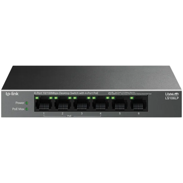 TP-Link LS106LP 6-Port 10/100 Mbps Desktop Switch with 4-Port PoE, 4× 10/100 Mbps PoE Ports, 2× 10/100 Mbps Non-PoE Ports, 802.3af, 41 W PoE Power, Desktop Steel Case, Extend Mode for 250m PoE Transmi