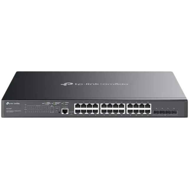 TP-Link SG3428MP Omada 28-Port Gigabit L2+ Managed Switch with 24× Gigabit 802.3af/at PoE+ ports and 4× Gigabit SFP slots, 384 W total PoE budget, Omada app, Static Routing, VLAN, ACL, QoS, IGMP Snoop