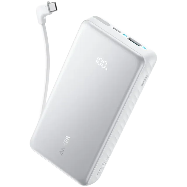 Anker Zolo Power Bank (20K, 22.5W, Built-In USB-C Cable) White 1x USB-A, 2x USB-C